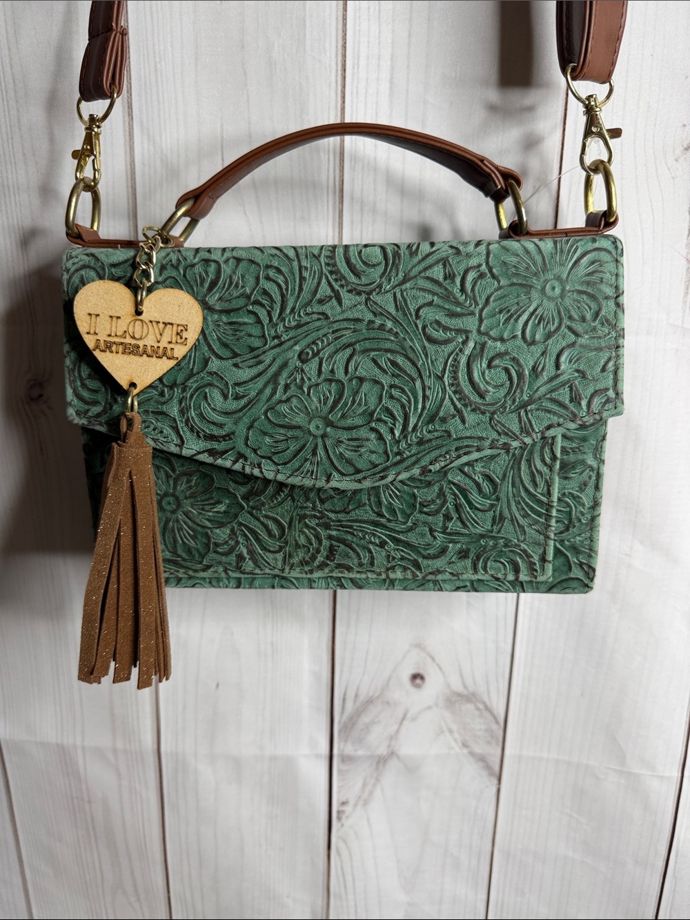 I Love Artesanal Green Floral Embossed Crossbody Bag leather
